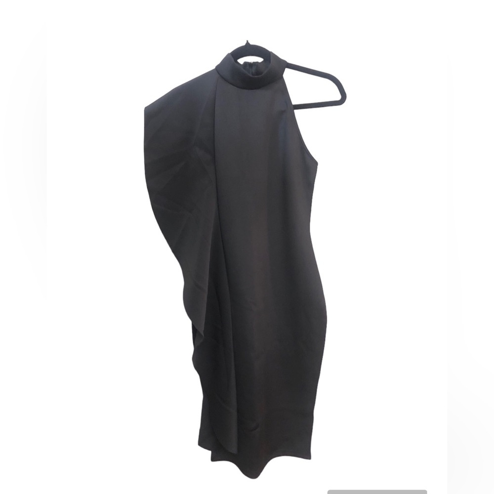 #002 NWOT - Women's Bodycon Black Neoprene Exaggerated Frill Midi Dress! - Picture 6 of 6